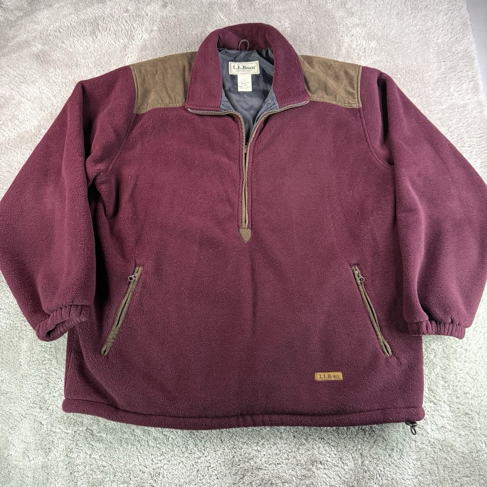 L.L.Bean Vintage Mens L Burgundy Fleece 1/2 Zip Pullover Jacket USA Suede Trim